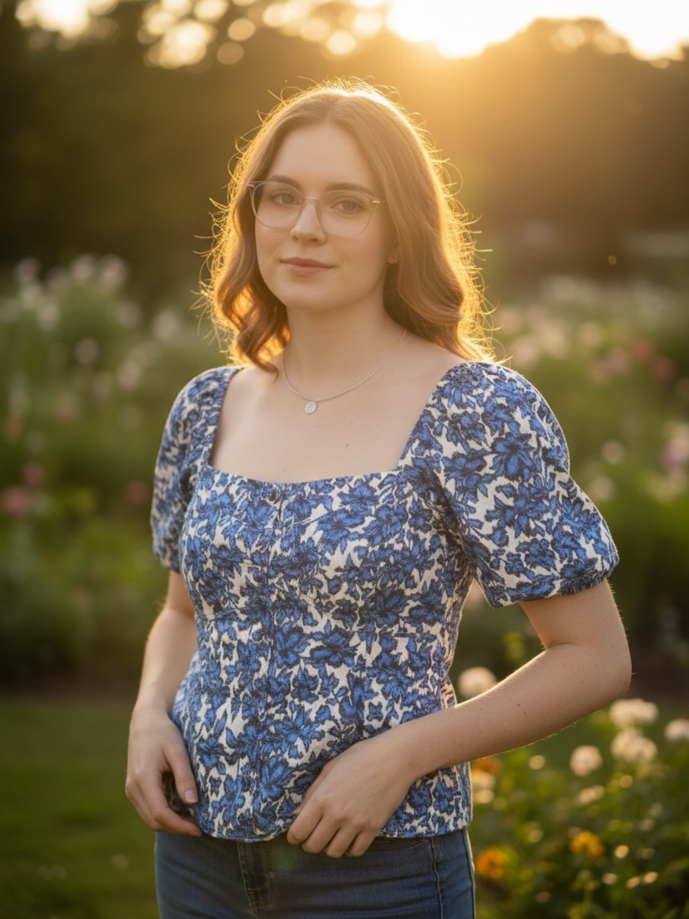 Tanya Taylor Blue Floral Square-Neck Blouse